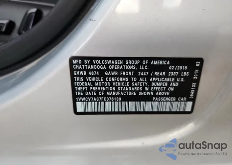 2015 Volkswagen Passat Sel из США, поврежденный, VIN 1VWCV7A37FC076139